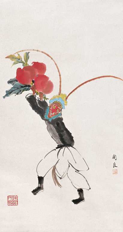 关良 摘桃图 立轴